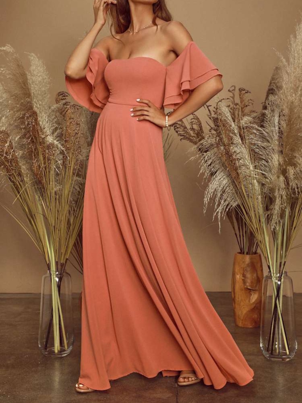 Lulus Abbington Rusty Rose Off-the-Shoulder Maxi Dress NWT
